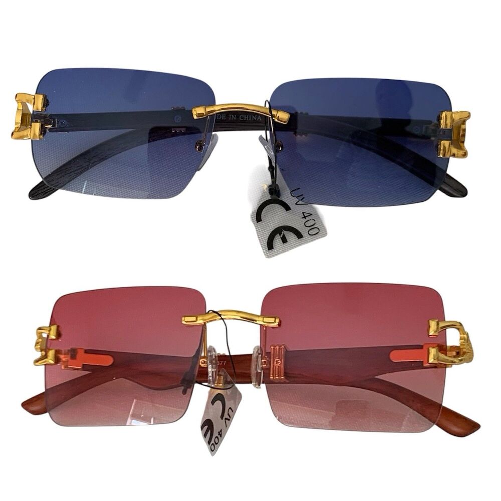Set of  2 Rimless Sunglasses‎ Y2K  Rectangle Lens Red Leopard Blue UV400 Hip Hop
